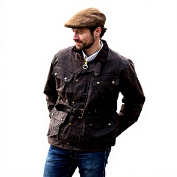 Walker amp Hawkes Explorer - Herren Outdoor-Jacke im Motorrad-Stil - gewachst - mit Gürtel amp 4 Taschen